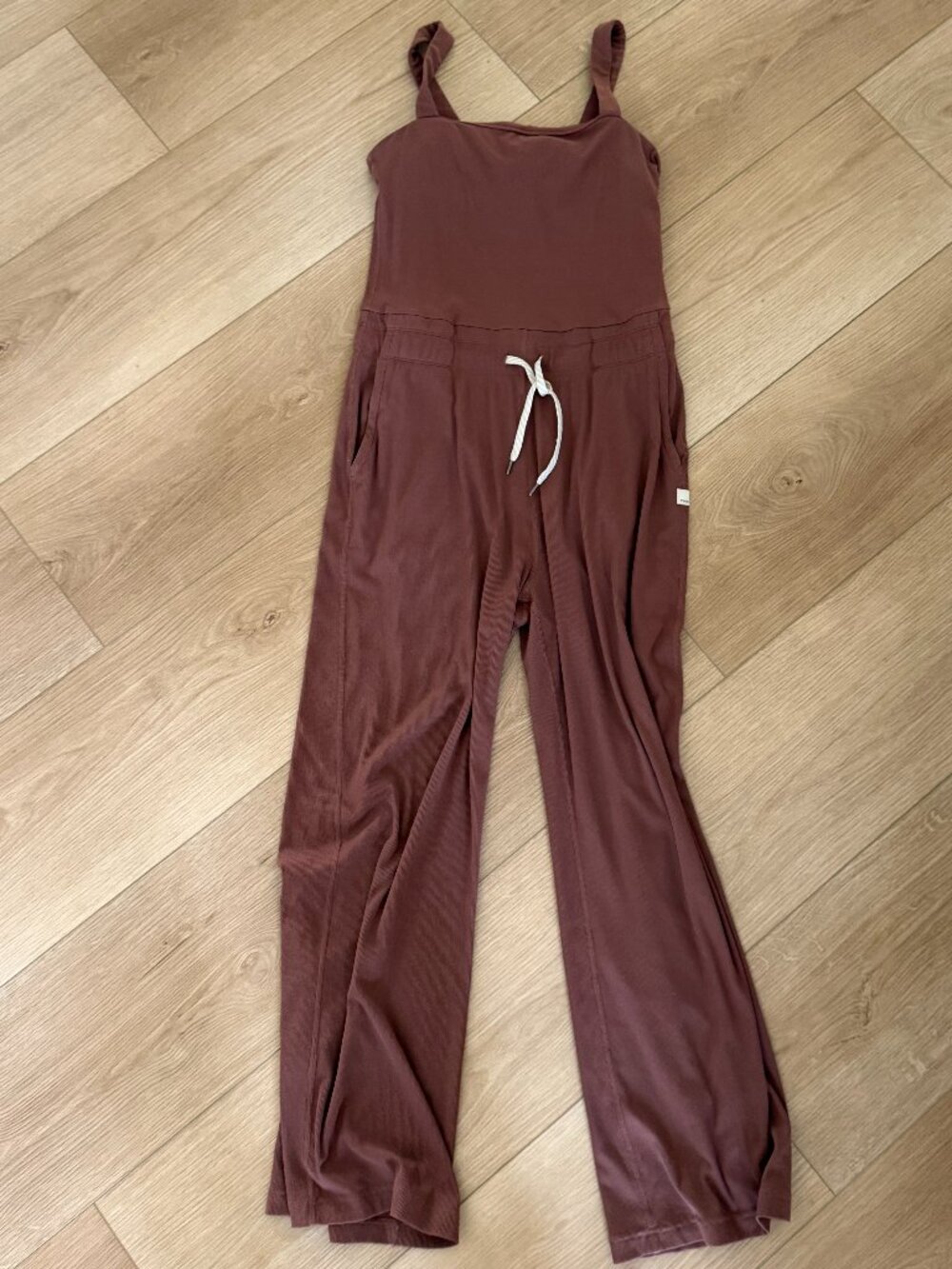 Vuori Mudra Jumpsuit Hazelnut Rib Knit Wide Leg Drawstring Pockets S